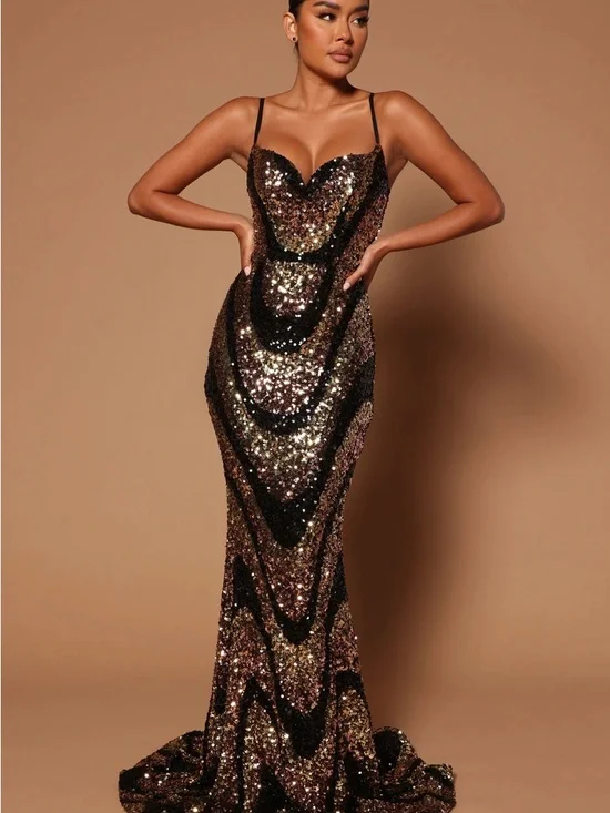 Gala Glam Sequin Maxi Mermaid Evening Dress in Bronze and Black NWOT - Picture 1 of 6